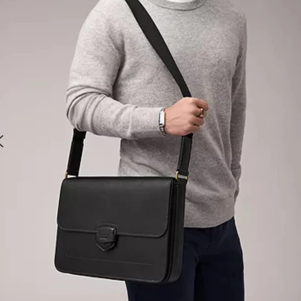 Fossil Lennox Black Leather Messenger Laptop Bag NWT